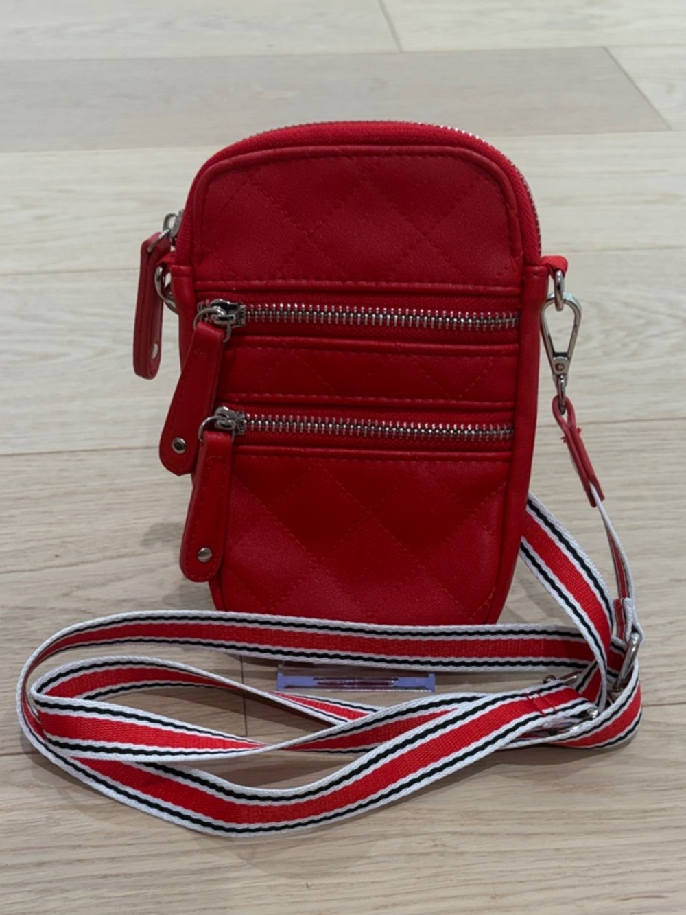 Sondra Roberts Red Quilted Mini Crossbody with Striped Strap